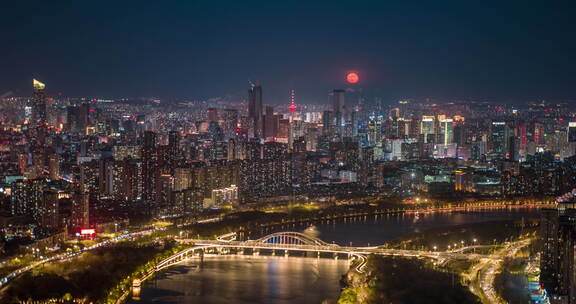 沈阳城市夜景超级月亮天际线航拍素材