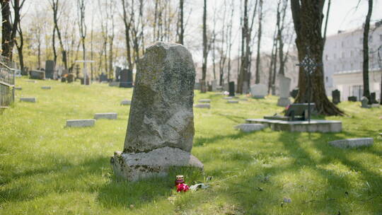 墓碑上有一朵红玫瑰和一支蜡烛视频素材模板下载