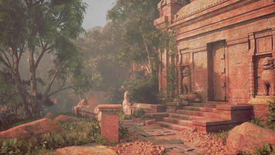 黎明时分被丛林笼罩的古寺庙遗址视频素材模板下载