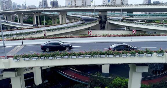 航拍4k纵横交错繁忙的城市道路上海延安高架