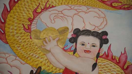 孩童抱金元宝的传统卡通画