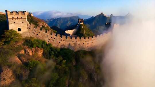 空中俯瞰云雾缭绕的长城