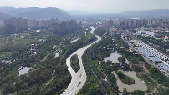 青海西宁海湖湿地公园航拍