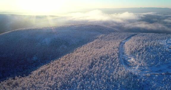 飞越冷空气笼罩的大兴安岭冰雪山林