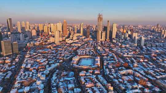 航拍天津五大道民园广场雪景