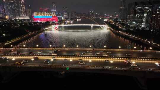 广州夜景航拍海心沙广州大桥天河体育中心珠视频素材模板下载