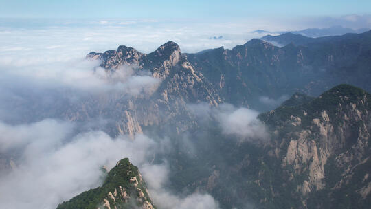 航拍陕西西岳华山山顶云海天空自然风光