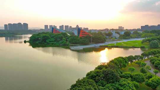 松山湖航拍夕阳东莞松山湖落日