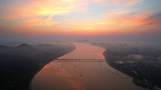 杭州钱塘江大桥日出航拍视频素材模板下载