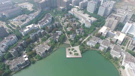 武汉航拍软件园湖面俯拍大远景