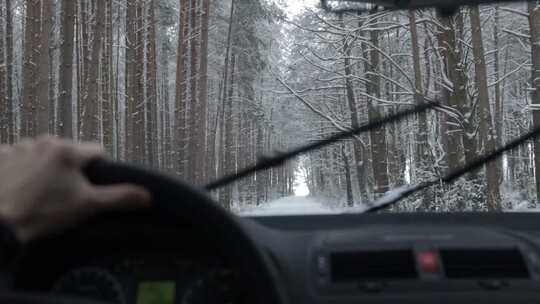 在被树木包围的下雪道路上开车的人