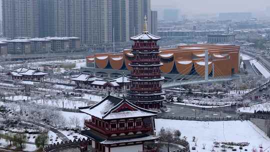 航拍洛阳朱樱塔雪景