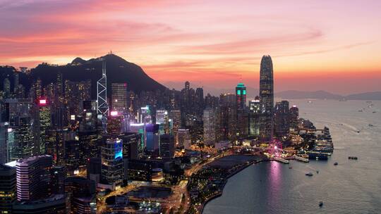 中国香港中环航拍城市日落内透灯光