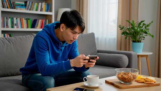 男子沙发上专注玩手机