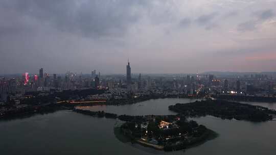 江苏南京夕阳晚霞夜幕降临夜景灯光航拍