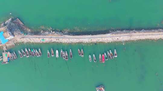 航拍海洋港湾渔船成排城市渔业码头船舶休渔