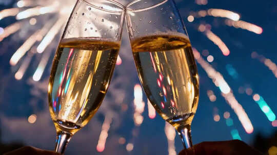 烟花下的香槟碰杯