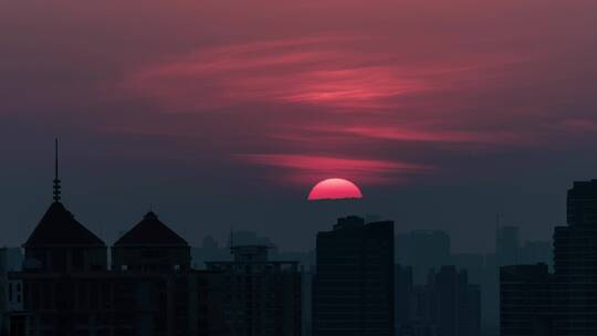 一轮红日落日夕阳晚霞延时风光