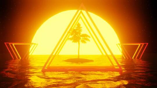 日落时棕榈岛上的浮雕VHS风格的三角形