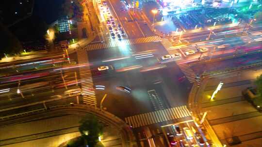 杭州城市十字路口夜景车流延时