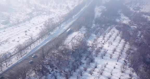 雾中汽车行驶的冬季村庄和公路