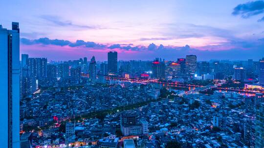 广州珠江夜景灯光与夕阳晚霞风光航拍延时