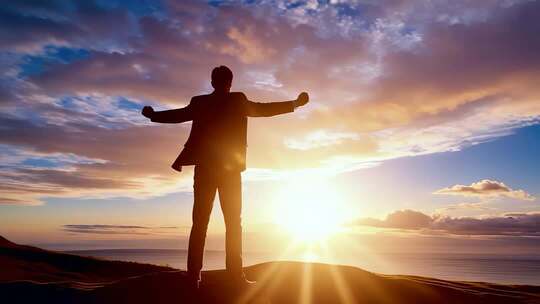 奋斗登顶超越山顶高处的男人成功巅峰新开始
