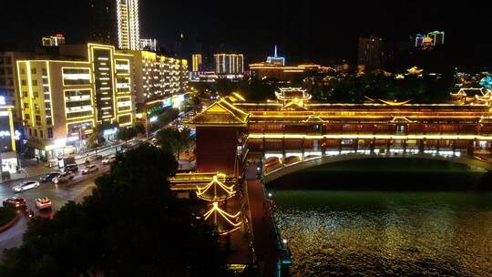 航拍贵州铜仁古城风雨桥夜景视频素材模板下载