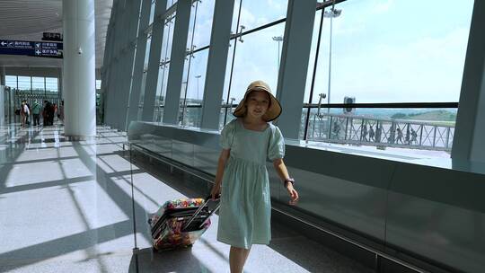 实拍独自拉着行李箱走在机场大厅的女孩