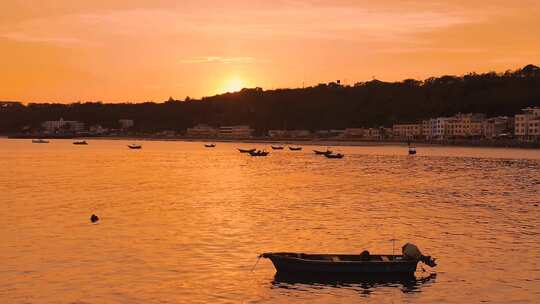延时摄影 黄昏落日海面渔船 自然景观