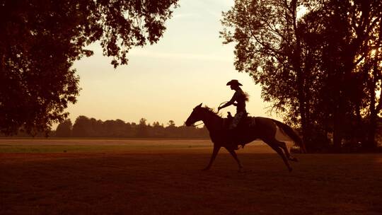 女人在夕阳下骑马的慢动作拍摄