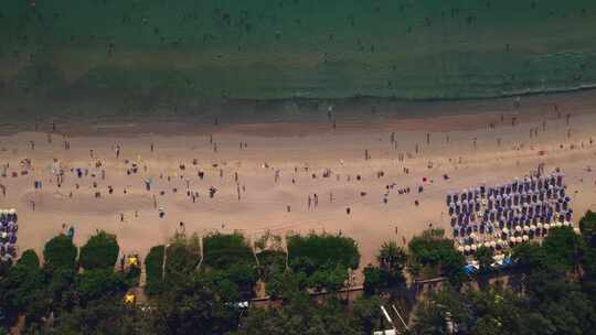 夏季阳光海滩的俯视图许多游客绿色植物和海