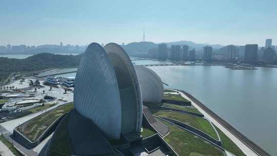 珠海日月贝航拍珠海大剧院地标城市建筑风光