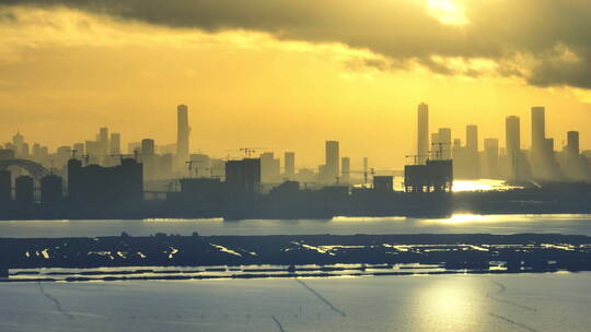 粤港澳大湾区珠海横琴城市天际线丁达尔光线