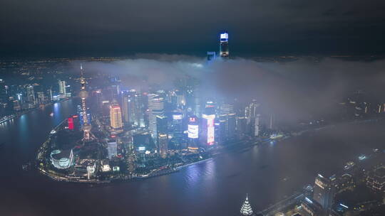 上海陆家嘴平流雾夜景航拍延时