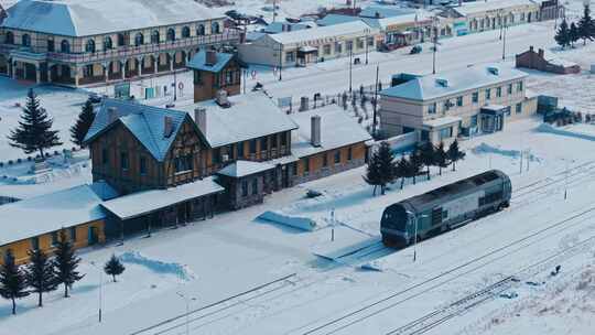 内蒙古阿尔山火车站冬天雪景航拍