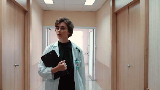 白大褂女医生拿着听诊器和剪贴板在医院里拿视频素材模板下载