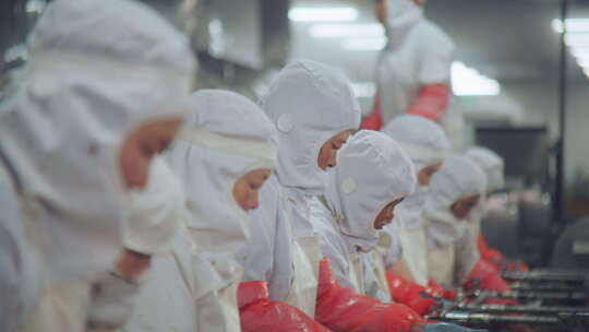 工人穿着防护服在流水线上加工海参