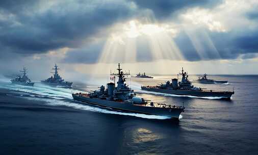 海上军舰航行全景 舰队海上巡航 战斗群