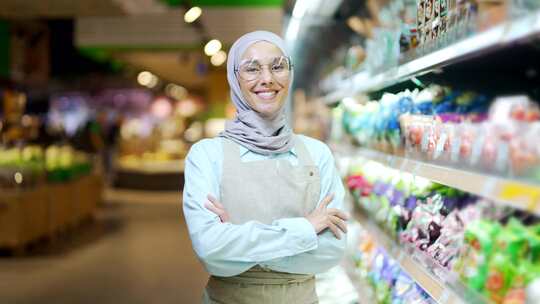 超市杂货店或熟食店里戴头巾的穆斯林妇女的