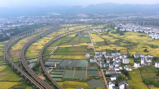 航拍 乡村振兴高铁轨道美丽乡村稻田风光