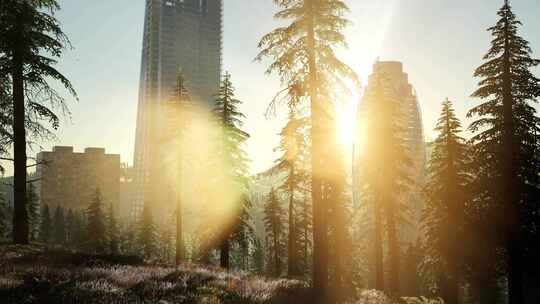 公园森林和日落时分的摩天大楼