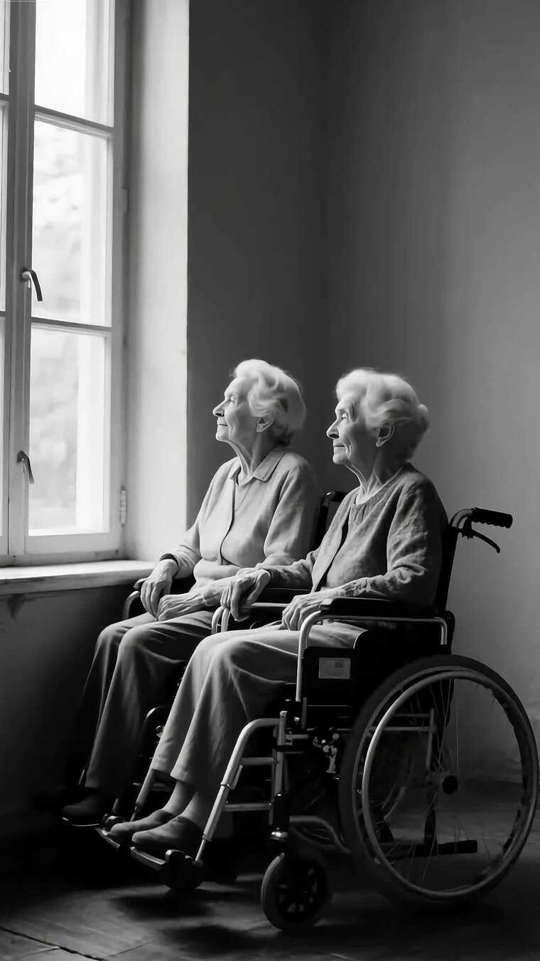 坐轮椅老人窗边相伴凝望