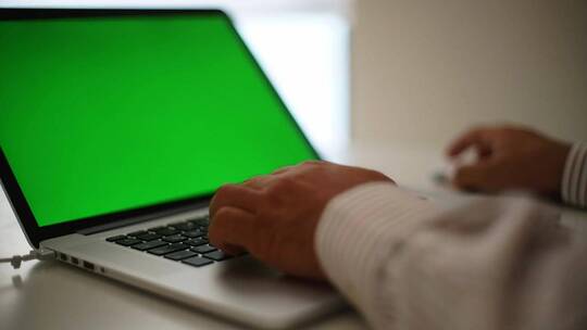 一名男子在一台绿色屏幕的笔记本电脑上工作