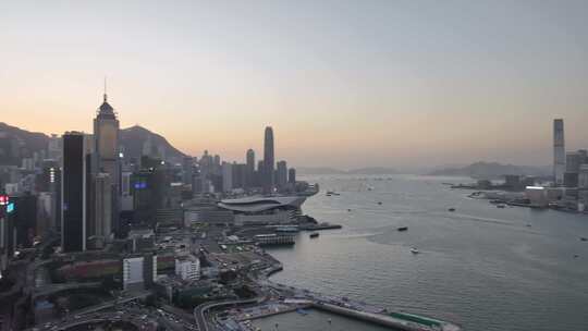 香港维多利亚港清晨日出航拍