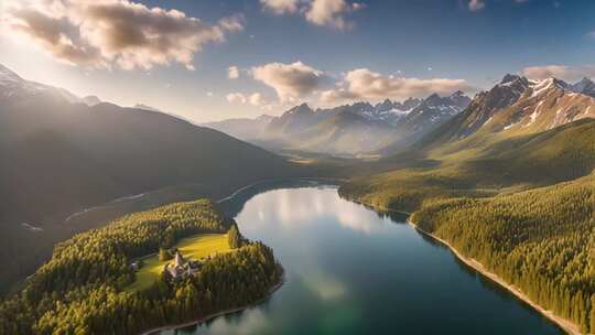 山林湖泊全景自然风光