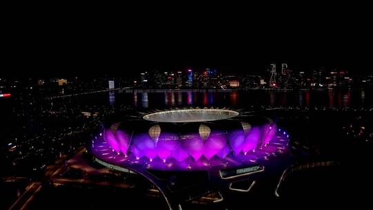 4k航拍杭州滨江奥林匹克体育中心夜景