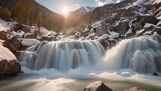 雪山瀑布阳光森林景观