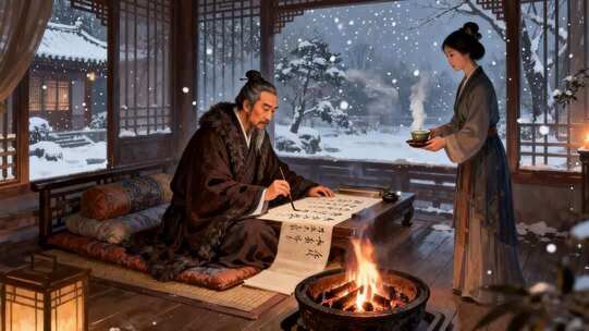 古代男女室内雪景中写字奉茶