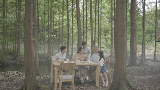 一家人在森林中吃早餐